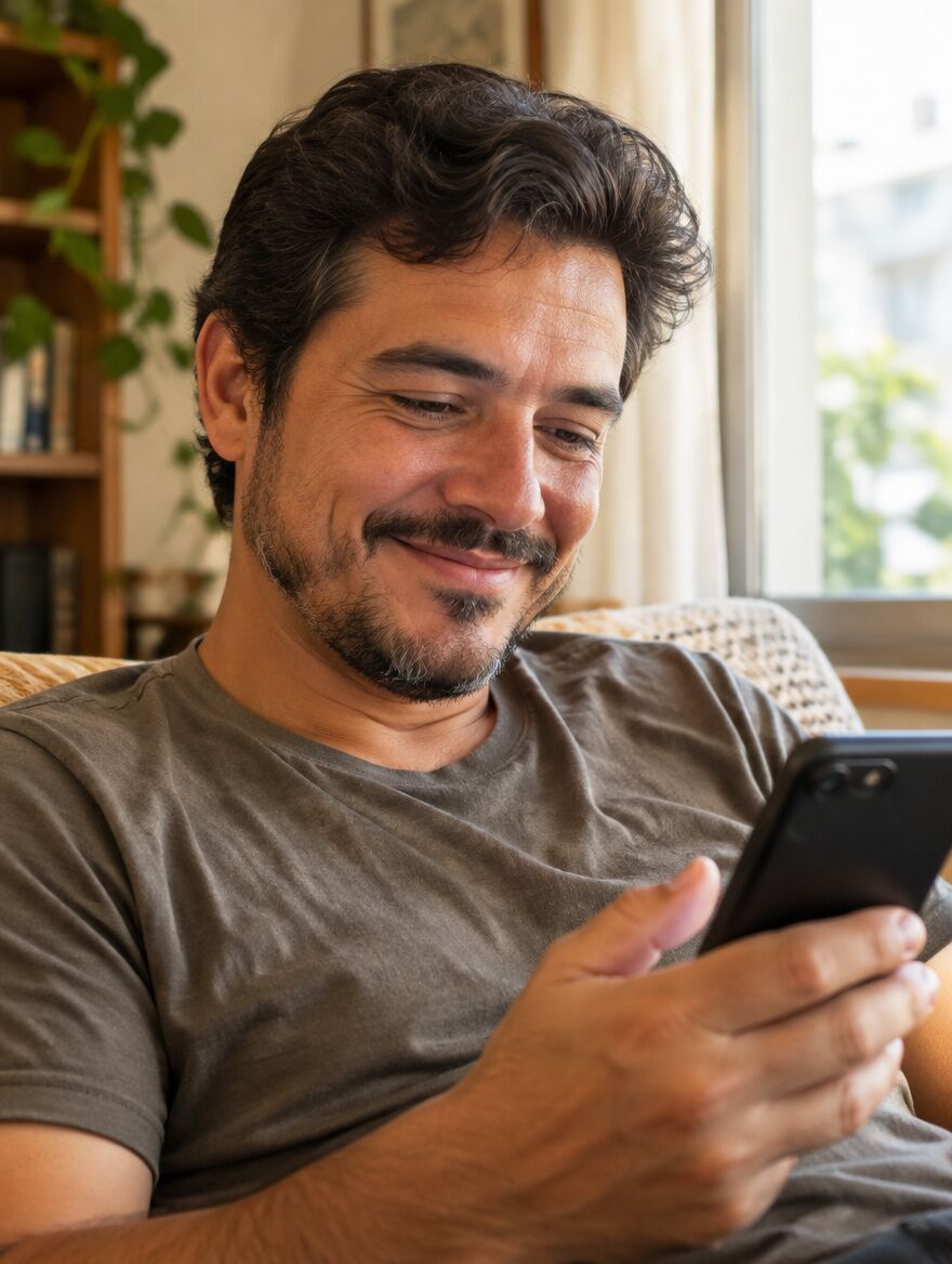 Homem sorrindo enquanto lê uma mensagem no celular, perto da janela